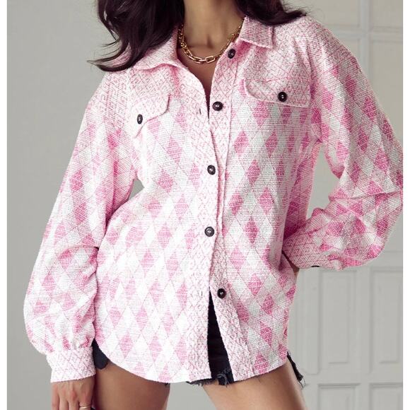 White Birch Women's Textured Shacket Shirt Oversized Geometric Pockets Pink M - Picture 12 of 13